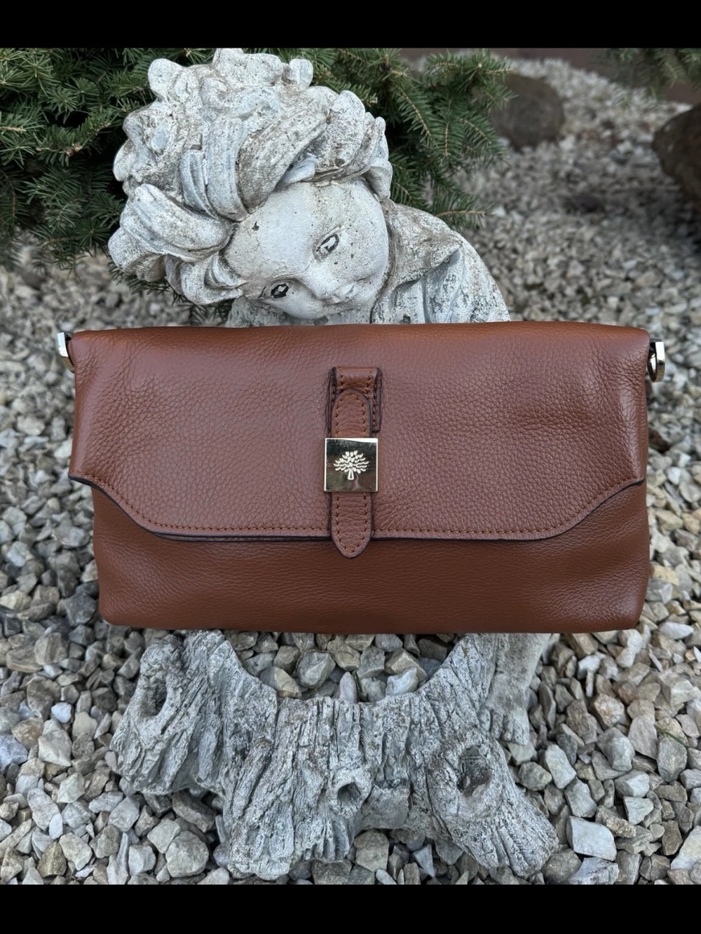 Mulberry Brown Pebbled Leather Clutch with Tree Emblem